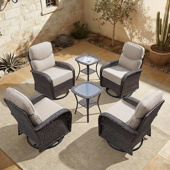 Patio Furniture Set with Luxury 6" Cushions, 6 Pieces Swivel Rocking High Back Patio Chairs, Outdoor Wicker Conversation Set for Deck, Porch, Backyard, Poolside, Beige