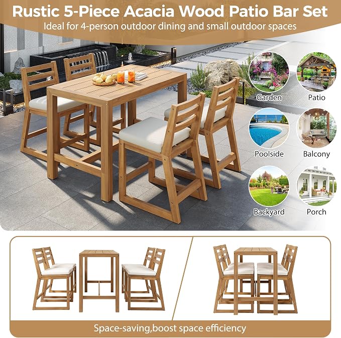 5-Piece Rustic Patio Bar Set, Acacia Wood Bar Table & Chairs with Slatted Tabletop for Backyard, Balcony, Poolside (Light Teak11)