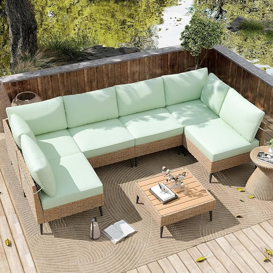 7 Piece Outdoor Patio Furniture Set, All Weather PE Rattan Sectional Sofa with Cushions and Table, Wicker Patio Conversation Couch Set for Garden Poolside Backyard Lounge(Green)