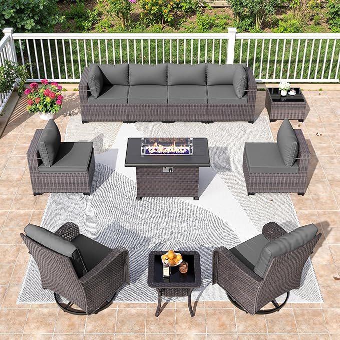 11 Pieces Outdoor Patio Furniture Set,Outdoor Sectional Furniture with 43" 55000 BTU Gas Propane Fire Pit Table,PE Rattan Wicker Patio Conversation Set,Swivel Rocking Chairs Set,Grey