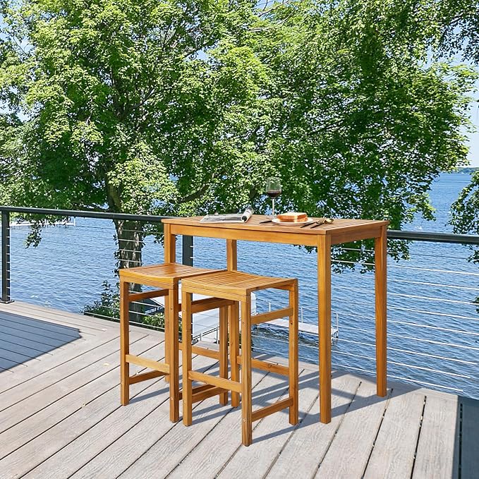 HAPPYGRILL Outdoor Acacia Wood Bar Table, 45” Rectangular Bar Height Dining Table with Slatted Tabletop, Farmhouse Rustic Wood Bar Table for Patio Porch Garden Deck