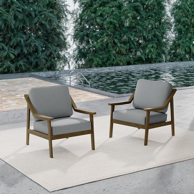 Outdoor Patio Furniture Set, 2 Piece Outdoor Patio Sofa Armchairs with Washable Thick Cushions, All-Weather Solid Wood Patio Bistro Set for Porch, Balcony, Natural Frame & Gray Cushion