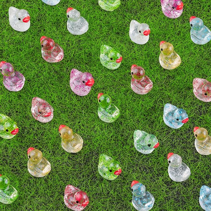 TINKRSTUFF 120PCS Mini Resin Animals Cute Colorful Glitter Tiny Ducks, Miniature Resin Figures to Hide, Little Animal Accessories Bulk for Topper Garden Dollhouse Landscape Aquarium Ornament DIY Craft