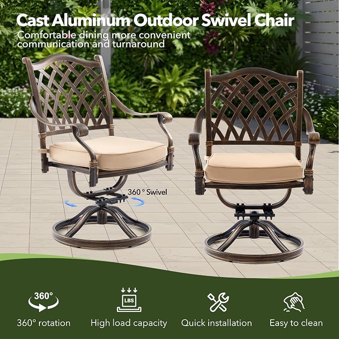 5-Piece Cast Aluminum Outdoor Table and Chairs, Classic Vintage Patio Dining Set for 4 Include 54.5" Round Dining Table and 4 Swivel Chairs with Removable Cushion and Umbrella Hole