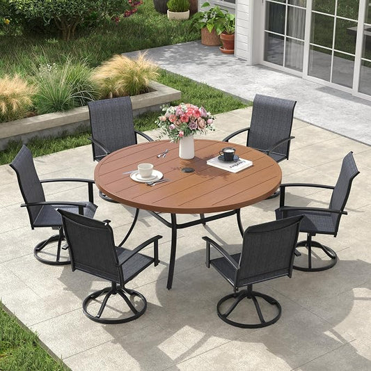 VICLLAX Outdoor Table and Chairs Set for 6, Patio Dining Set of 50 Metal Round Patio Table with Umbrella Hole & 6 Swivel Outdoor Dining Chairs for Backyard Lawn, Charcoal & Walnut