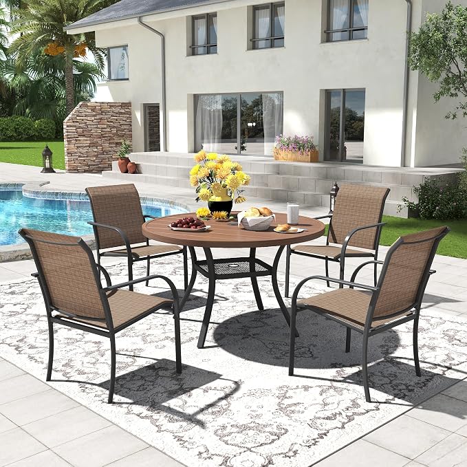 5 Pieces Patio Dining Set, 41" Round Dining Table with Umbrella Hole, 4 Stackable Textilene Fabric Chairs, Metal Structure for Patio, Porch, Garden(Walnut Table, Brown Chair)