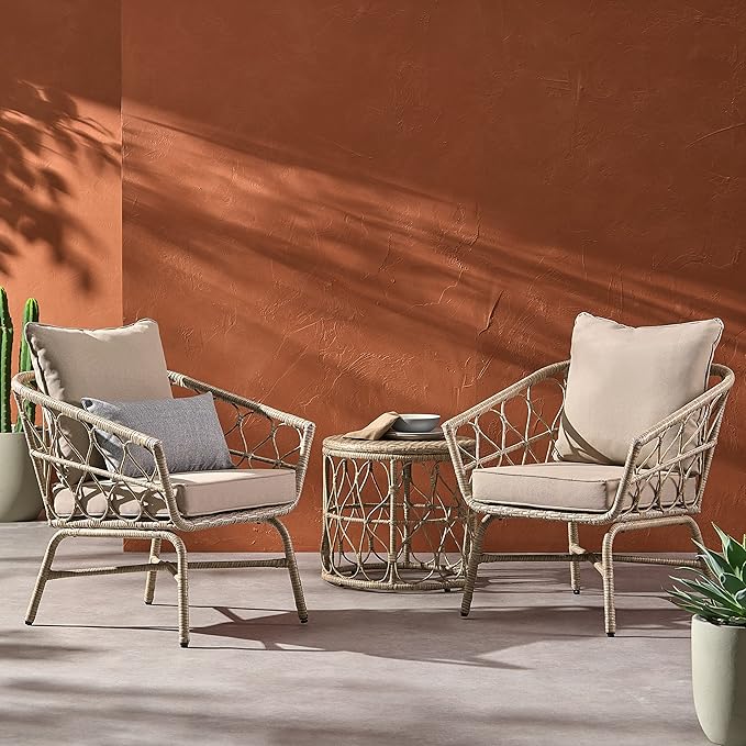 Christopher Knight Home Bruce Outdoor 3 Piece Chat Set with Cushion - Wicker - Light Brown/Beige