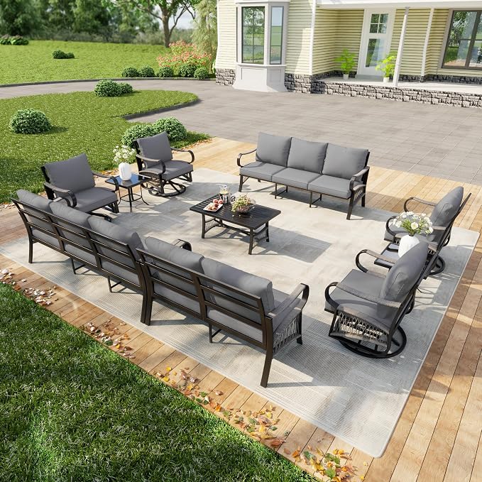 10-Piece Patio Conversation Sets, All Weather Metal Outdoor Furniture Set Includes 2 Three-Seater Sofa 4 Swivel Rockers with 2 Side Tables 1 Loveseat with Coffee Table for Deck Porch Poolside, Gray