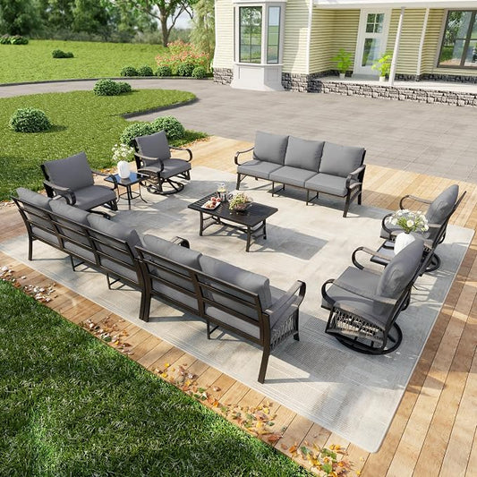 10-Piece Patio Conversation Sets, All Weather Metal Outdoor Furniture Set Includes 2 Three-Seater Sofa 4 Swivel Rockers with 2 Side Tables 1 Loveseat with Coffee Table for Deck Porch Poolside, Gray