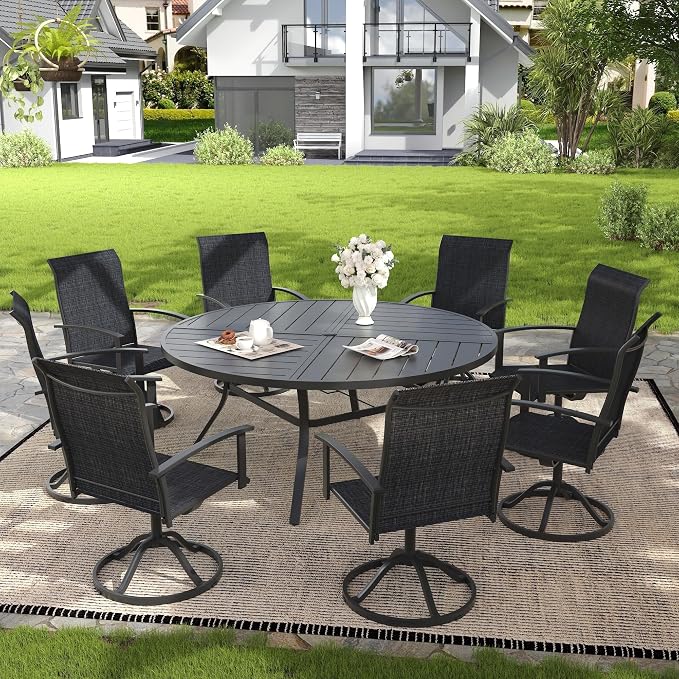 VICLLAX 63" Round Patio Dining Table for 8-10, All Weather Metal Outdoor Table with 1.57" Umbrella Hole and Surdy Frame for Garden Lawn Deck, Black