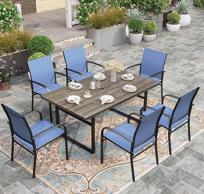 HERA'S HOUSE 7pc Outdoor Patio Dining Set, Wood-Look Metal Table, Blue | 6 textilene chairs, 64" rectangular table with umbrella hole. Waterproof, rust-resistant, all-weather for yard, porch