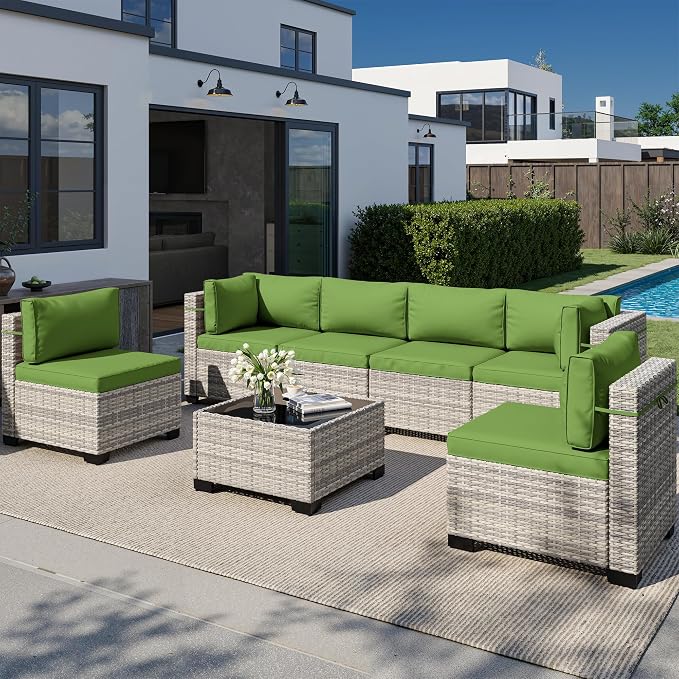 7-Piece Outdoor Patio Furniture Set, PE Wicker Rattan Sectional Sofa Conversation Set with Tempered Glass Table & Thick Cushions - All-Weather Garden, Backyard Furniture, Avocado Green