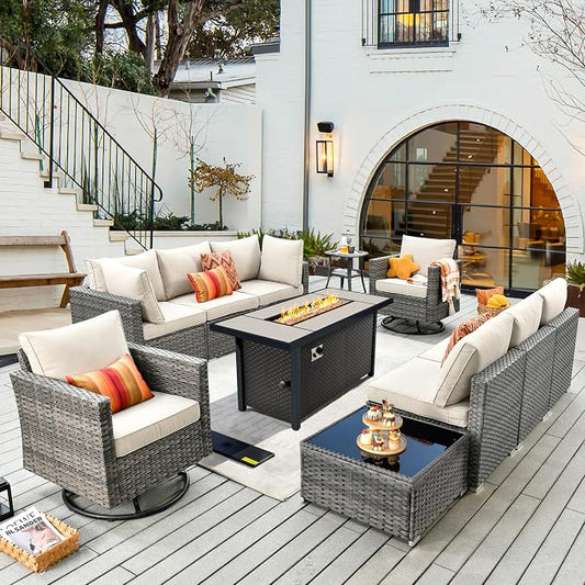 CAODOC 11 Piece Outdoor Patio Furniture Set with 53" Fire Pit Table, Wicker Sectional Conversation Set Whit Swivel Chairs,Modern Outside Sofa for Balcony Backyard(Beige)