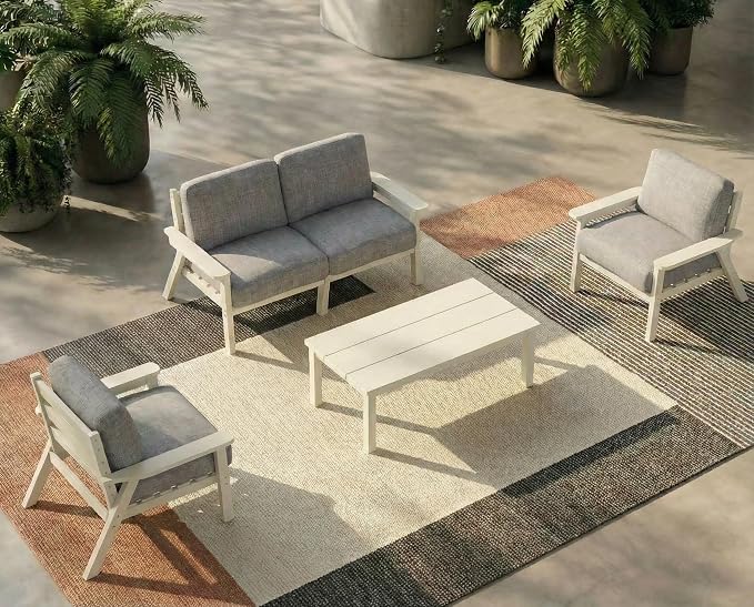 HDPE 5 Piece Patio Furniture Set, Outdoor Sectional Furniture with Grey Washable Thick Cushions & Coffee Table, Patio Conversation Sets for Garden, Porch, Balcony, Deck (White Frame)