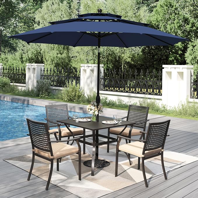 PHI VILLA Outdoor Table Chairs Set w/Umbrella, 5pc Patio Metal Furniture | 37" wrought iron square table & stackable chairs for 4. 10ft blue umbrella. Dining set for deck, porch, backyard.