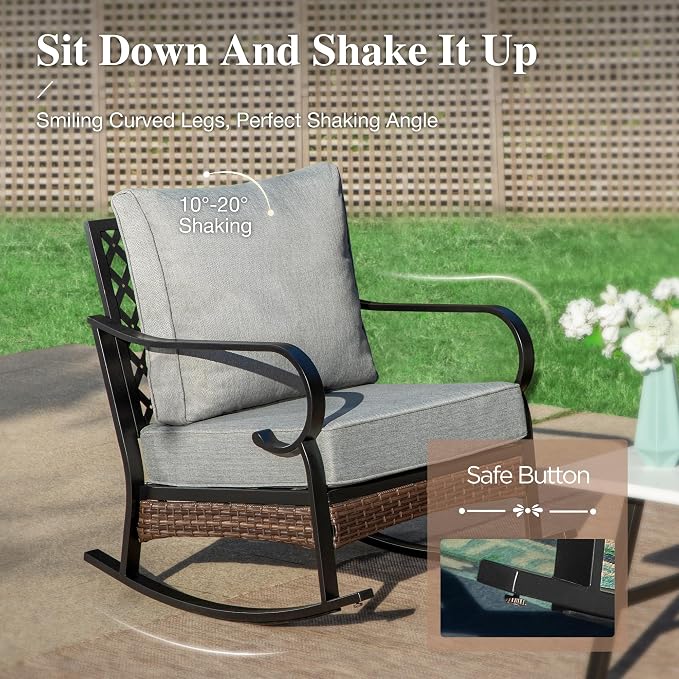 HERA'S HOUSE 4 Piece Metal Patio Furniture Set, All Weather Outdoor Conversation Set with 3 Seat Sofa, 2 Rocking Chairs & Coffee Table, Seats 5 for Backyard, Garden, Deck, Grey