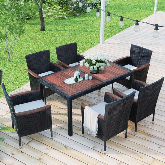 7-Piece Outdoor Patio Dining Set, Garden PE Rattan Wicker Dining Table and Chairs Set, Acacia Wood Tabletop, Stackable Armrest Chairs with Cushions (Reddish-Brown ~009)