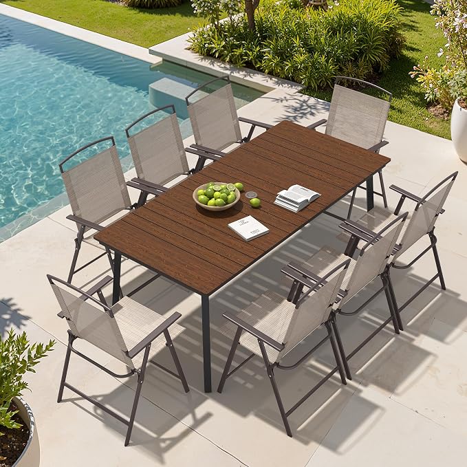 Crestlive Products 9 Piece Patio Dining Set, 70" Walnut Metal Outdoor Table and 8 Folding Chairs, with Umbrella Hole for Porch Poolside Yard Garden, Beige
