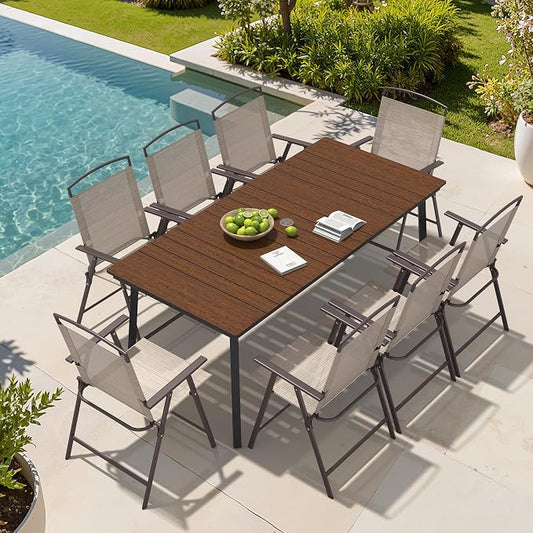 Crestlive Products 9 Piece Patio Dining Set, 70" Walnut Metal Outdoor Table and 8 Folding Chairs, with Umbrella Hole for Porch Poolside Yard Garden, Beige