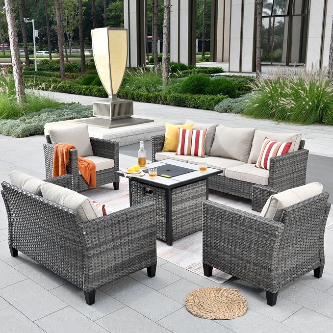 ovios 5 Pieces Patio Furniture Set, Outdoor Wicker Rattan Sofa Couch with 30" Fire Pit Table, Loveseat Chairs, Conversation Sets for Yard Porch Garden, Beige