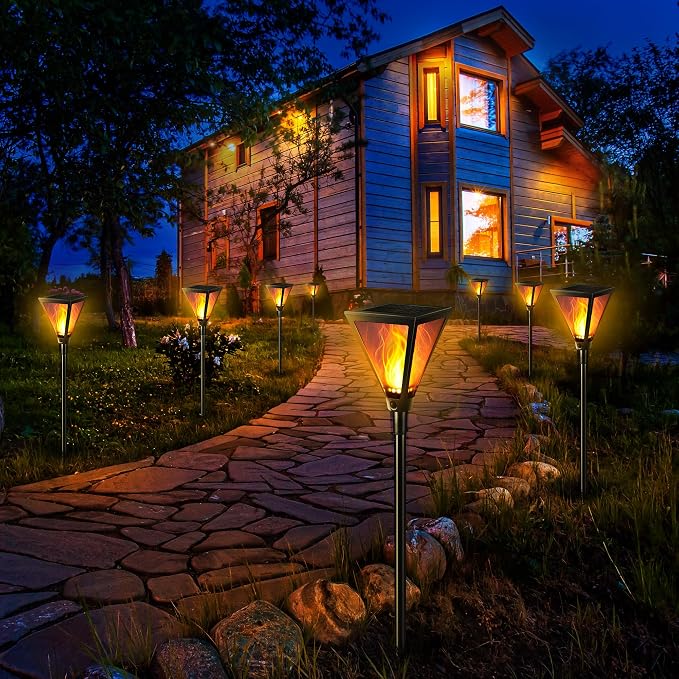 iBaycon 2 Pack 28in Solar Flame Torch Lights Outdoor Landscape Pathway Lamp | Solar Garden Lights Warm White, Flickering Flame Light Outdoor Waterproof for Yard Lawn Pathway Landscape Decorations