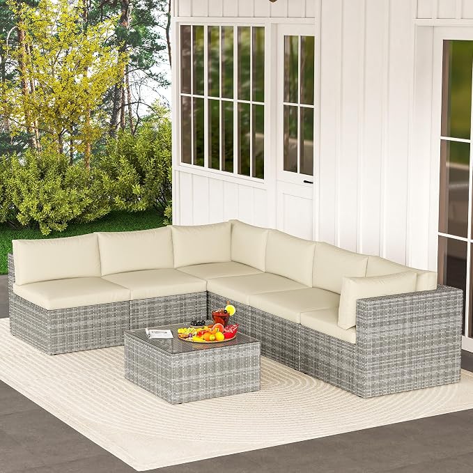 May in Color 7 Pieces Outdoor Patio Furniture Sets with Glass Tea Table, PE Rattan Wicker Patio Conversation Set with Washable Cushions, Outdoor Patio Sectional Sofa Couch, Beige