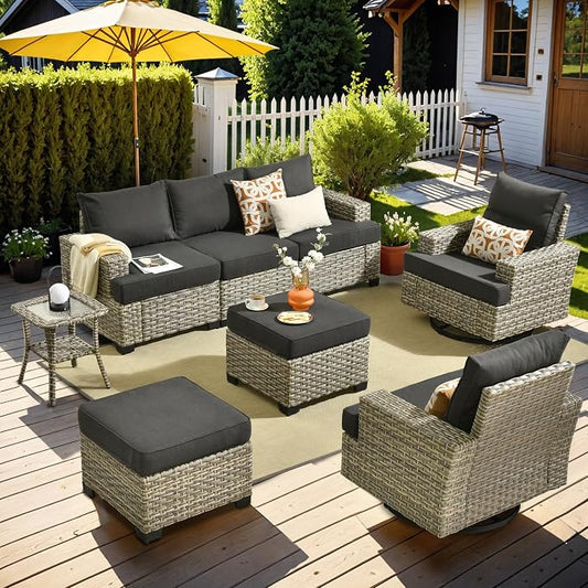 Patio Outdoor Furniture Set - All Weather Wicker Modular Sectional Sofa Couch,Patio Seating Outdoor Conversation Sets for Deck Yard Garden (Black, 8 Pcs w/Swivel Glider)