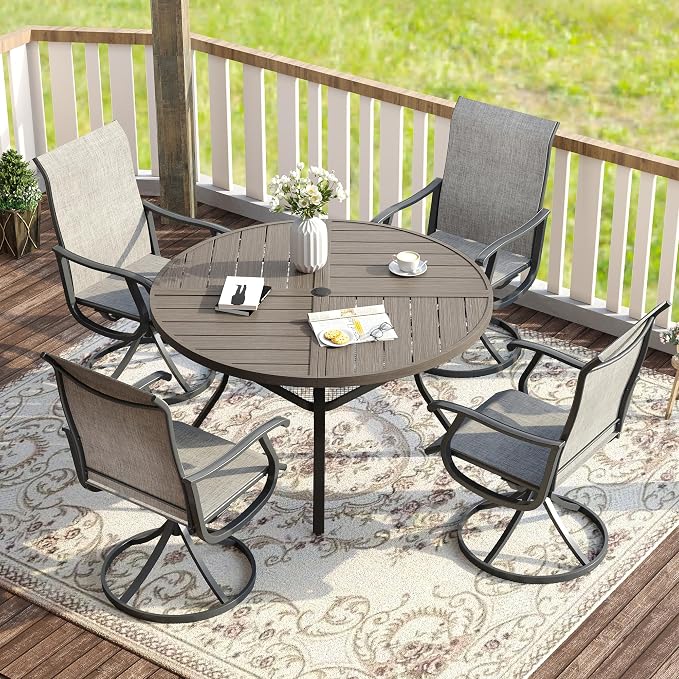 VICLLAX Patio Dining Set for 4, 5 Pieces All Weather Outdoor Dining Set - 40.6" Round Outdoor Table and 4 Patio Swivel Chairs for Lawn Garden, Grey Wood Grain Tabletop and Grey Fabric