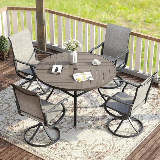 VICLLAX Patio Dining Set for 4, 5 Pieces All Weather Outdoor Dining Set - 40.6" Round Outdoor Table and 4 Patio Swivel Chairs for Lawn Garden, Grey Wood Grain Tabletop and Grey Fabric