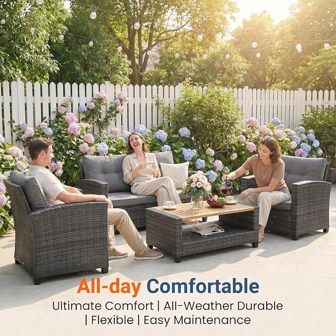 Wisteria Lane 4 Piece Patio Furniture Set, Wicker Outdoor Patio Conversation Furniture Set, All Weather Outdoor Patio Sofa with Cushion and Wood Table, Grey Wood