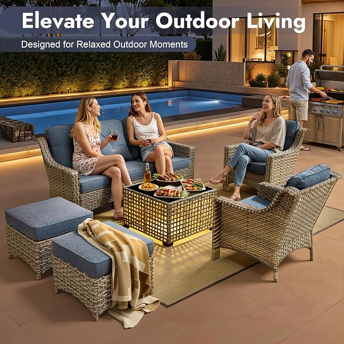 6 PCS Patio Furniture Set, Deep Seat High Back Outdoor Conversation Set with Ottomans, Wicker Outside Furniture with Solar Light Coffee Table for Porch Backyard Balcony, Sunroom, Denim Blue