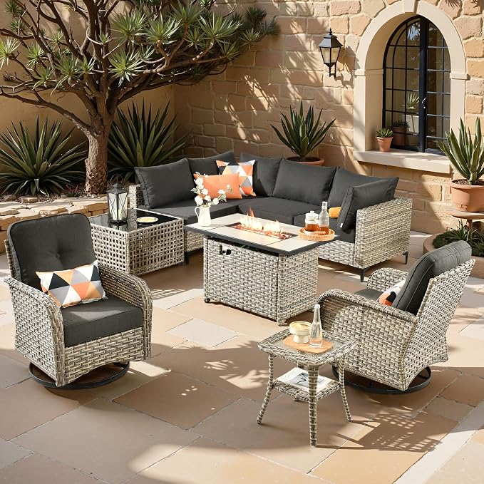 Outdoor Sectional Patio Furniture Set,9 Pieces All Weather Rattan Wicker Conversation Sets with Fire Pit,Out Door Furniture with Swivel Chairs Glowing Coffee Table,Black