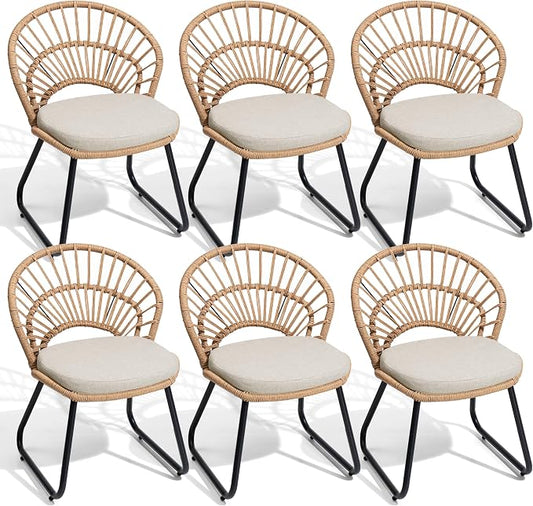 Rattan Patio Dining Chairs Set of 6, Hand-Woven Wicker Outdoor Chair | Shell Shaped Back with 2.6” Black Detachable Cushion, Sled Metal Frame Patio Side Chairs for Garden Backyard Porch