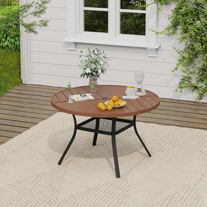 VICLLAX Round Outdoor Patio Dining Set for 4, Metal Slatted Patio Table with Umbrella Hole and 4 Stackable Patio Chairs for Deck Lawn Garden, Black Fabric and Walnut Tabletop