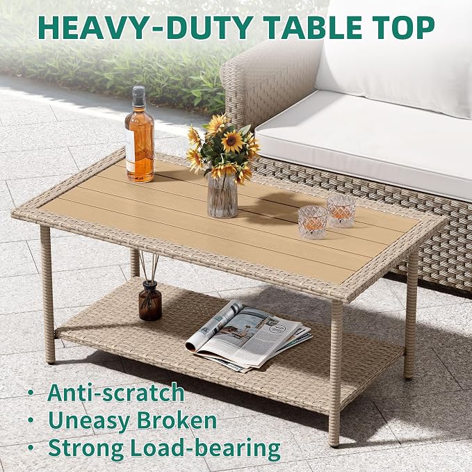 YITAHOME Outdoor Wicker Coffee Table with Storage, 39.4" 2 Tier Rectangle Patio Coffee Table, All-Weather Rattan Outdoor Storage Table for Patio Garden Backyard Porch - Brown
