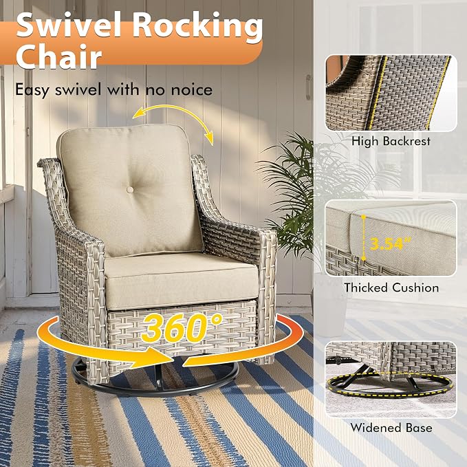 9 PCS Outdoor Patio Furniture Sets,Patio Conversation Sets Outside Rattan Soft Cushion Sofa with 2 Wicker Rocking Chairs & 54 in Fire Pit Table Fit Backyard Porch Garden Poolside Balcony,Beige