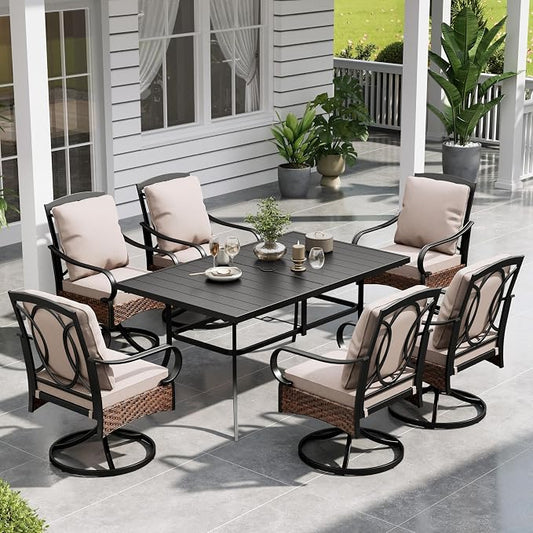 Sophia & William Patio Dining Set 7 Piece Outdoor Table Furniture Set - 6 Padded Swivel Dining Chairs and 1 Rectangular Metal Table with Umbrella Hole for Garden Deck