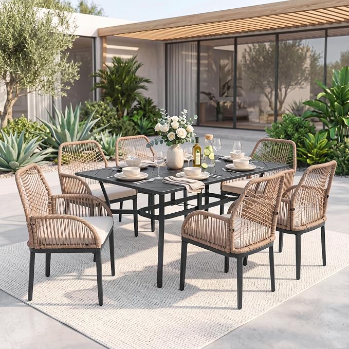 NUU GARDEN 7-Piece Patio Table and Chairs with Cushions, Outdoor Dining Set for 6, Rectangular Metal Table and Rattan Chairs with Umbrella Hole for Lawn Garden Backyard Deck, Brown