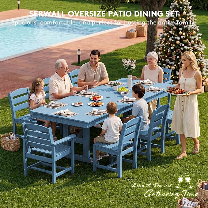 SERWALL 9 Piece Outdoor Dining Set, 84" HDPE Outdoor Table with 6 Armless Chairs and 2 Armchairs ，All Weather Patio Dining Furniture Set with Umbrella Hole for Backyard, Garden, Blue