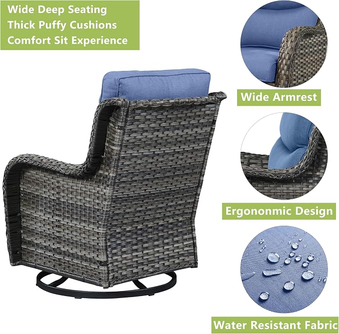 Rilyson Wicker Rocking Chair Swivel Chairs - Rocker Patio Chairs Set of 2 Rattan Rocking Chair for Outdoor Porch Deck Garden Backyard (Mixed Grey/Blue/Smile)