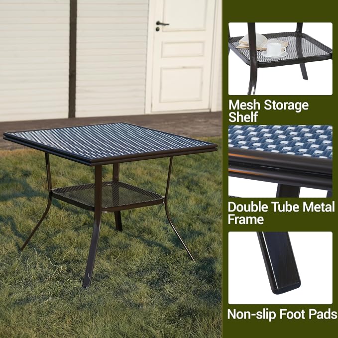 35.2" Square Outdoor Bistro Table, All-Weather PE Rattan Patio Side Table w/Sturdy Metal Frame & Adjustable Foot Pads, Wicker Dining Table for Poolside Backyard Garden Balcony, Blue/White