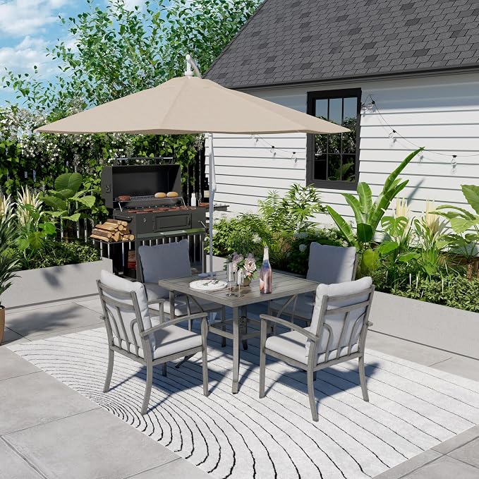 HAPPATIO Square Outdoor Dining Table - Patio Aluminum Slat Dining Table with 2.2" Umbrella Hole, 4 Person Dining Table for Garden, Backyard and Poolside