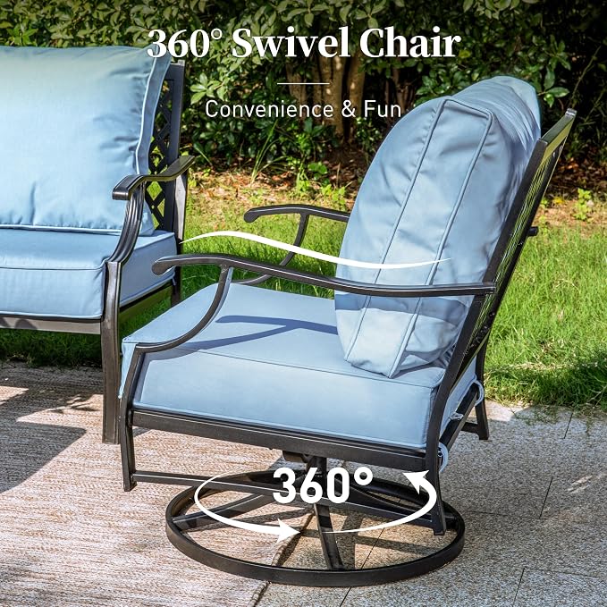 SUNSHINE VALLEY 5 Piece Metal Outdoor Patio Furniture Set with Fire Pit Table, Patio Conversation Sets 4 Swivel Chairs with 5.75" Thick Cushion and 5000 BTU Fire Pit Table, Backyard Furniture, Blue