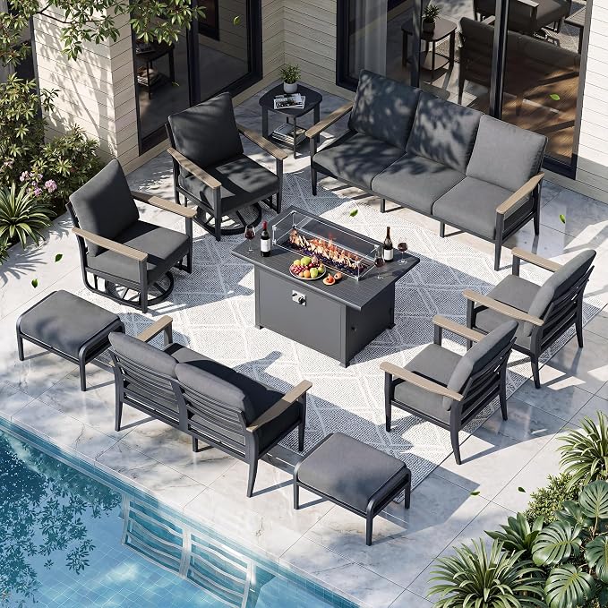 Aluminum Outdoor Patio Furniture Set with Swivel Rocking Chairs 11-Seat, Patio Sectional Sofa with Ottomans Patio Conversation Set with 55,000 BTU Fire Pit Table & High Backrest, Dark Grey
