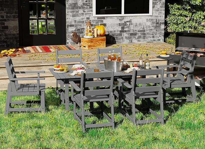 GREENVINES 7-Piece-Outdoor-Table-and-Chairs | HDPE | Patio Furniture | Dining Sets for 6 | Removable Armrests | All Weather | Connectable Tables | for Backyard Poolside Garden | Grey