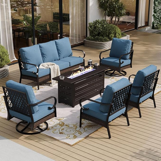 SUNSHINE VALLEY 6 Piece Metal Outdoor Patio Furniture Sets with Firepit Table, Patio Conversation Sets 1 3-Seater Sofa, 2 Leg Sofa and 2 Swivel Chair with 5.75" Cushion for Backyard Deck, Denim Blue