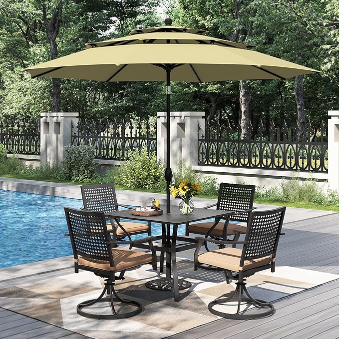 PHI VILLA Outdoor Table Chairs for 4, Patio Metal Furniture w/Umbrella | 37" wrought iron square table & swivel chairs. 10ft beige umbrella. 5pcs dining set for deck, porch, backyard.