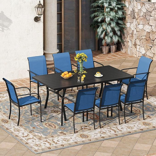 VICLLAX 9 Pieces Patio Outdoor Dining Set, 70" Outdoor Rectangular Metal Dining Table with Umbrella Hole and 8 Stackable Textilene Chairs for Lawn, Garden, Porch, Black/Dark Blue