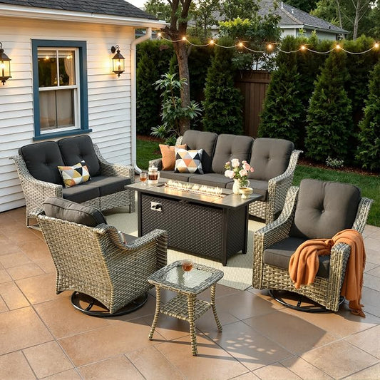 6 Piece Patio Furniture Set with Fire Pit Table, Conversation Sets with High Back Swivel Rocker Chairs, Outdoor Wicker Sofa Loveseat with Comfy Cushion for Backyard Deck Garden, Black