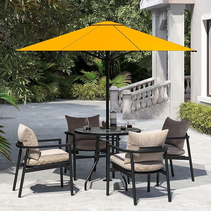 JINLLY 32 Inch Patio Table with Umbrella Hole, Round Glass Patio Table, Outdoor Bistro Dining Tables with Tempered Glass Tabletop and Metal Frame for Outside, Garden, Balcony